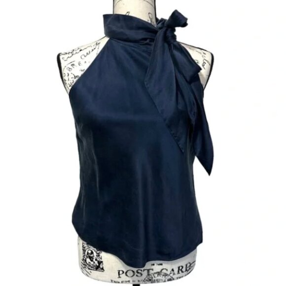 Ralph Lauren 100% Silk Navy Blue Halter Neck Tie Blouse, 10P - Picture 1 of 9
